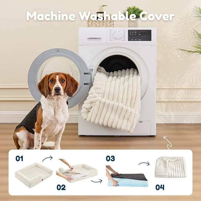 Orthopedic Dog Bed for XL Dogs, Washable Dog Bed with Faux Rabbit Fur Waterproof Cover, High Density Egg Crate Foam Support with 3-Sided Bolsters for Senior Dogs, Non-Skid Bottom, 41x30x7, Cream