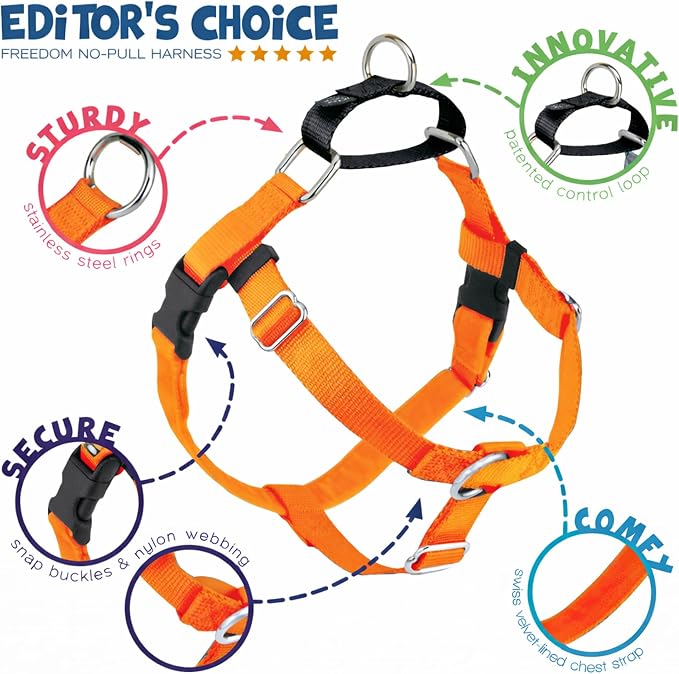 2 Hounds Design Freedom No Pull Dog Harness, Adjustable Harness, Easy Walking & Comfortable Control, Fits Small, Medium & Large Dogs, Solid Colors, Made in USA, 5/8" XS, Neon Orange
