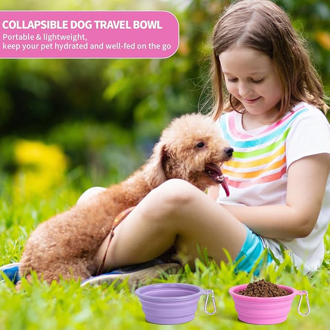 SLSON Collapsible Dog Bowl, 2Pack Macaron Color Pet Travel Bowls Silicone Foldable Water Feeder Dish for Small to Large Dogs Cat Walking Hiking Camping (Macaron Rose and Violet, Small)