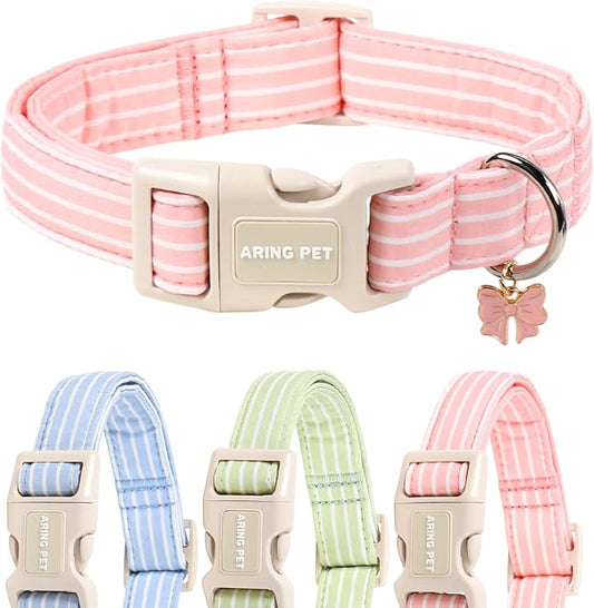 ARING PET Stripe Dog Collar, Cute Spring Summer Pink Stripe Pet Collars with Bow Charm for Puppy Small Medium Large Female Girl Dogs-L, for Daily Outdoor Walking Training