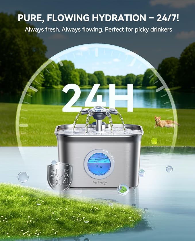 Stainless Steel Cat Water Fountain, 2.8L with 20dB Ultra-Quiet Pump- Ideal for Timid Pets, LED Water Level Window, Dishwasher Safe, 24/7 Circulation- Includes 9 Replacement Filters