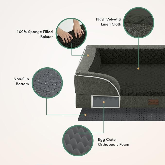 Orthopedic Dog Beds for Extra Large Sized Dogs 48x30 Inch, XL Waterproof Egg Crate Foam Dog Sofa Bed with Removable Washable Cover Big Pet Couch with Bolster & Non-Slip Bottom, Dark Green