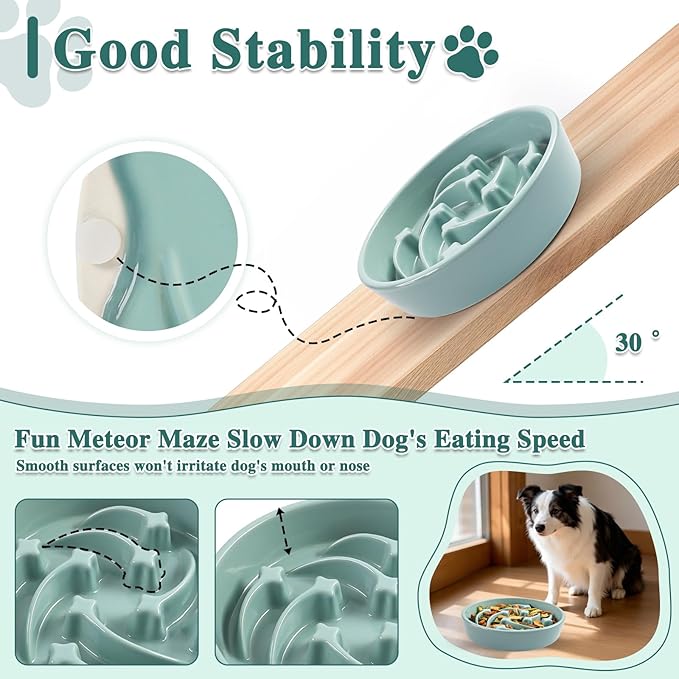 Ceramic Slow Feeder Dog Bowls, 1.5 Cups Dog Food Dish for Medium and Large Breed, Puzzle Dog Food Bowl for Fast Eater, 28OZ, 8.15 inch(Light Green)