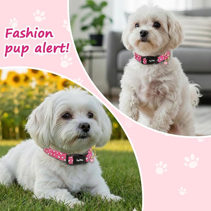 Dog Collars for Medium Dogs, Dog Collar with Pink White Heart Pattern, Adjustable Medium Dog Collar with Safety Buckle & Heart Charm, Spring Summer for Girl Boy Dogs-M
