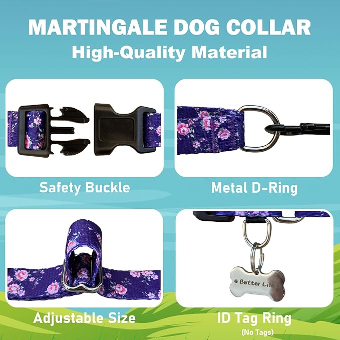 Martingale Collar for Dogs with Buckle Floral Dog Collar Girl Female Soft Nylon Dog Collars for Small Medium Large Dogs (Purple Flower, L)