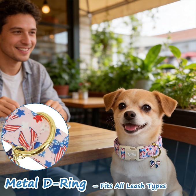 4th of July Independence Day Dog Collar, Cotton Adjustable Pet Collar for Small Medium Large Dogs, Patriotic Puppy Collar, Cute Summer Holiday Collars for Girl Boy Dogs-M