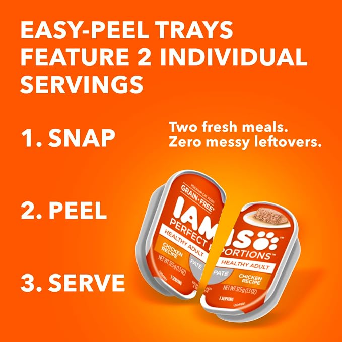 IAMS Perfect Portions Sensitive Digestion & Skin Wet Cat Food Pate, Healthy Adult Grain Free Pate, Chicken and Salmon Recipes, (24) 2.6 oz. Variety Twin-Pack Trays