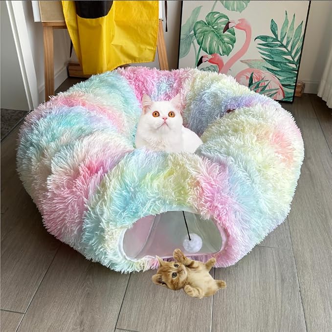 Cat Bed Tunnel Tube Toy Rainbow Plush Round, Collapsible Pet Tunnels for Indoor Cats, Interactive Toys Play Tubes with Hanging Ball for Kitty, Puppy, Rabbit for Fun Playtime & Exercise