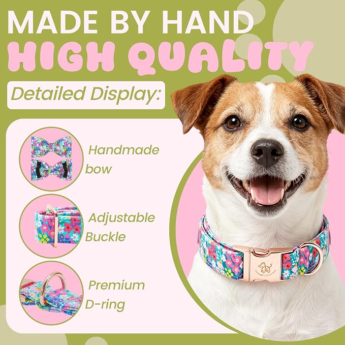 Elegant Little Tail Spring Floral Dog Collar, Cute Girl Dog Collars with Bow - Wildflowers Pink Puppy Collar, Adjustable Female Dog Collars Bowtie for Small Medium Large Dogs