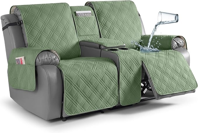 TAOCOCO Waterproof Loveseat Recliner Cover with Console, Non-Slip Reclining Loveseat with Console Cover with Pocket, Split Recliner Sofa Covers Furniture Protector for Pets Dogs(2 Seater, Bean Green)