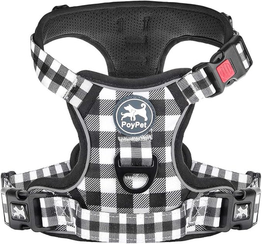 PoyPet No Pull Dog Harness, [Neck Release] Reflective Adjustable No Choke Pet Vest with Front & Back 2 Leash Attachments, Soft Control Training Handle for Small Dogs(Grid,L)