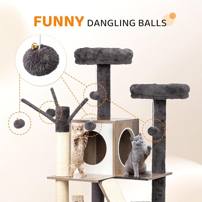 VINGLI Cat Tree Tower with Litter Box, 54" H All-in-1 Wooden Cats Condo, Cat Tower wih Scratching Posts, Houses for Indoor Kittens Hidden Cat Washroom Furniture (Gray & Wood, 54" H)