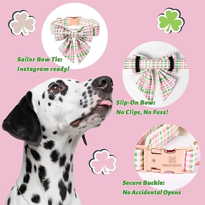 Maca Bates Plaid Dog Collar with Sailor Bow Tie,Cherry Pink Green Gingham Pattern for Large Girl Boy Dogs,Adjustable Durable Soft Collars Irish Gift for Male Female Puppy
