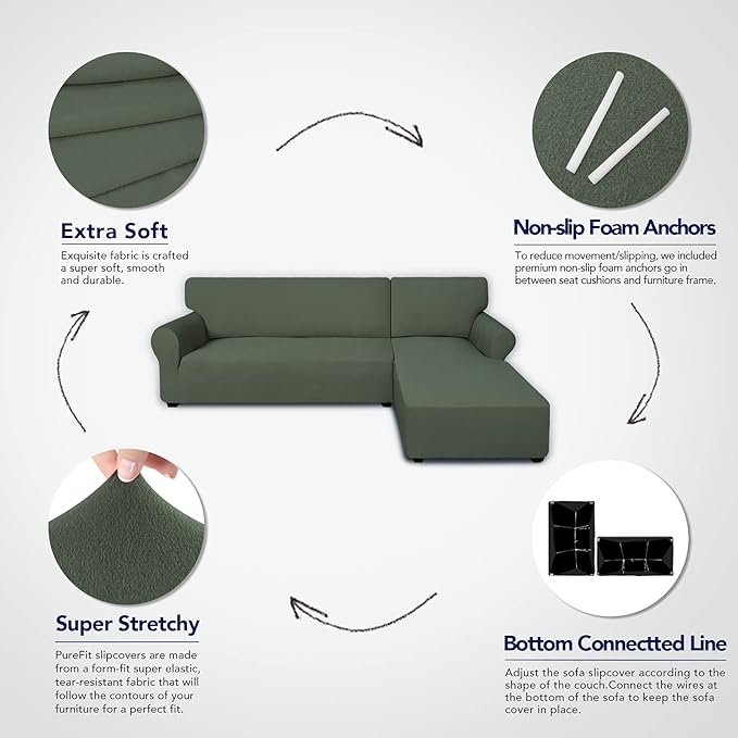 PureFit Super Stretch Sectional Couch Covers - 2 pcs Spandex Non Slip Sofa Covers with Elastic Bottom for L Shape Sectional Sofa, Great for Kids & Pets (3 Seat Sofa + 3 Seat Chaise, Greyish Green)