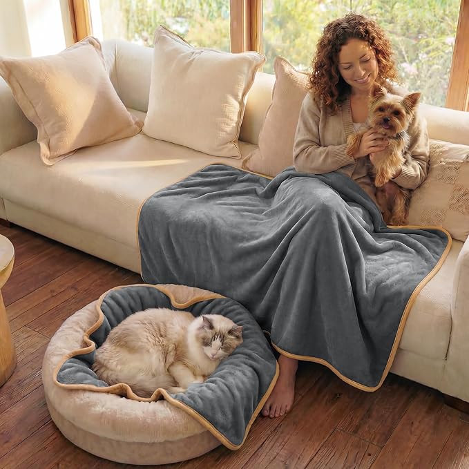 Luciphia Waterproof Blanket for Dog Washable Reversible Sherpa Fleece Throw Blanket for Bed Couch Soft Liquid Pee Proof Furniture Cover Protector for Small Medium Large Pet Cat Grey 65" x 57"