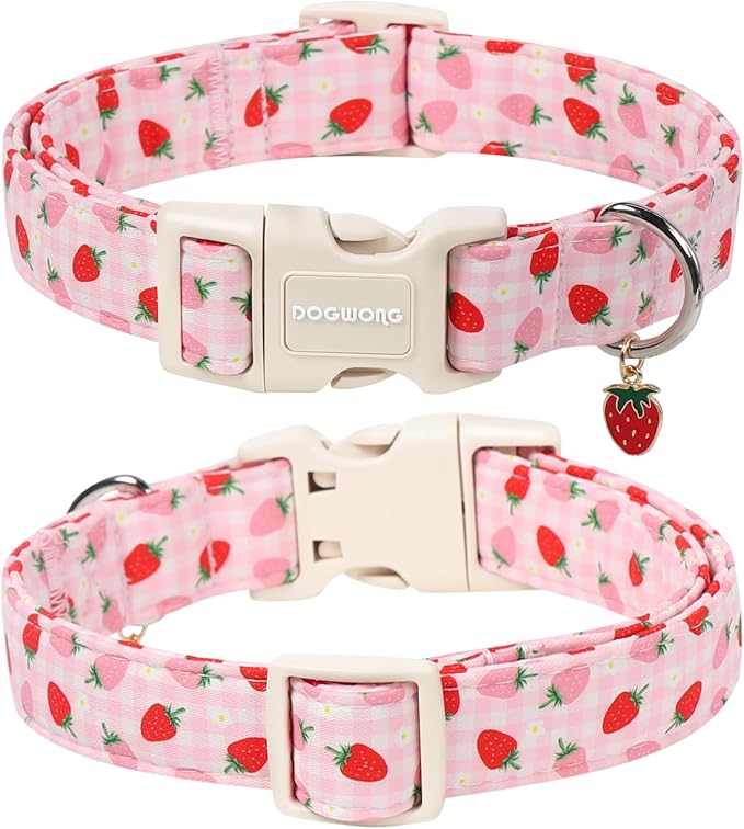 DOGWONG Strawberry Dog Collar for Medium Dogs, Spring Summer Pink Girl Dog Collars, Pink Strawberry Girly Dogs Collars for Small Medium Dogs, Neck 14-21 inches