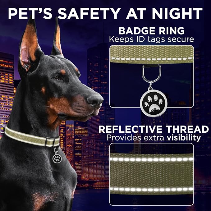 TECEUM Reflective Dog Collar – Olive – XS – Extra Soft Padding – Basic Nylon Pet Collar – Quick Release Buckle – Fits Small, Medium and Large Dogs, Puppies, Cats – ESA & Service Dog Options