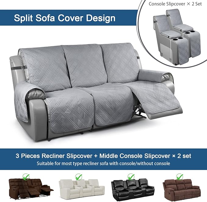 TAOCOCO 100% Waterproof Recliner Couch Covers with Console, Sofa Covers for Reclining Sofa 3 Seat with Straps Design, Split Recliner Sofa Cover Furniture Pets Kids Protector (3 Seater, Gray)
