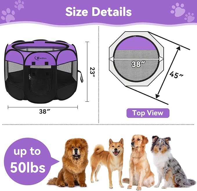 Siedihit Large Dog Playpen, Puppy Pet Playpen Indoor, Dogs Tent Crates Cage Indoor/Outdoor, Portable Pop Up Dog Kennel Playpen with Carrying Case for Dogs/Cats/Rabbits, Purple