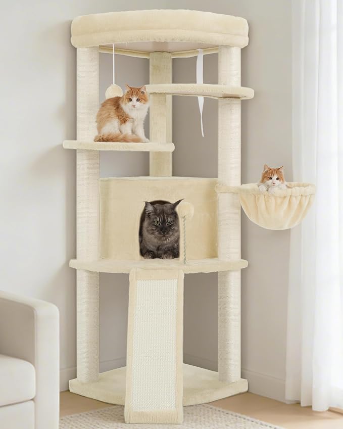 Gitelsnour Corner Cat Tree for Indoor Cats, Cat Tower with All Sisal Scratching Posts, Multi-Level Cat Condo wth Cat Cave, Large Top Perch, Hanging Basket, Sisal Scratching Ramp, Beige GCT025M