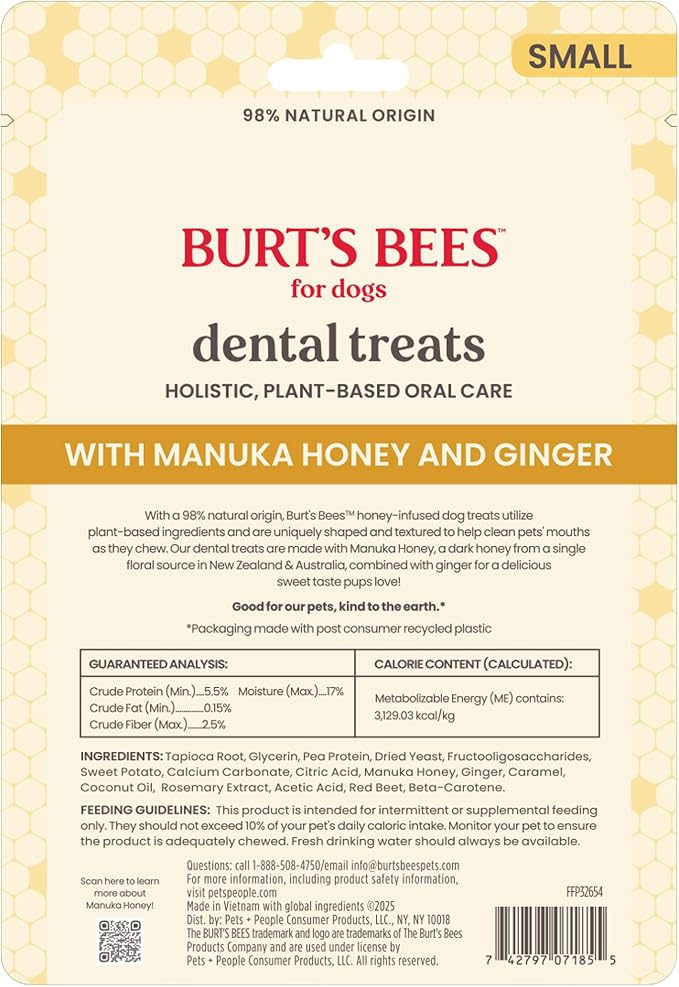 BURT'S BEES FOR PETS Dental Treats for Dogs with Manuka Honey & Ginger, 98% Natural Origin, Holistic Oral Care, Freshens Breath, Sweet Potato Flavor, Small Size, 10 ct, 6.8 Oz