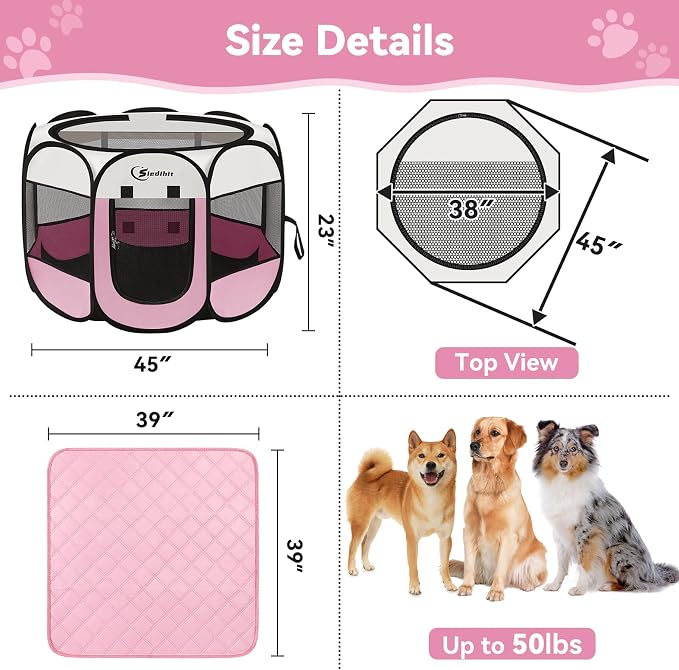 Pink Puppy Playpen for Middle Dog Cat, Dogs Tent Crate Cage Indoor/Outdoor, Portable Pop Up Dog Kennel with Carrying Bag for Rabbits, Removable Top (Pink with Pad, Large)