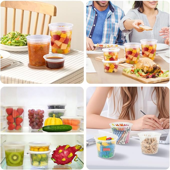 Clawsoff 60 Sets Deli Containers with Lids, 32/16/8 oz X 20 Set Each, Leak-Proof & BPA Free Airtight Takeout Plastic Food Storage Containers for Soup, Freezer/Microwave/Dishwasher Safe