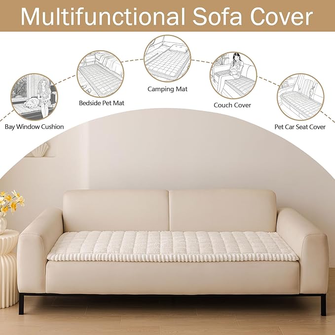 hyha Couch Cover for Dogs Washable, Non Slip Thick Flannel Sofa Protector, Pet Friendly Plush Furniture Cover for Sectional Sofa & Loveseat (White, 35.4" x 88")
