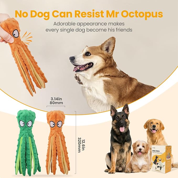 HGB Squeaky Dog Toys - 2 Pack No Stuffing Octopus Crinkle Plush Chew Toys for Puppies Small Medium Large Dogs, Interactive Tug Toys to Keep Dogs Busy
