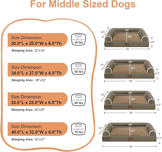 Large Dog Bed Orthopedic Washable: Beds Bolster XL Bed Big XLarge Dogs Memory Foam Couch Sofa Waterproof with Removable Cover - Brown