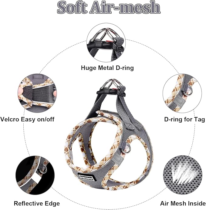 Mercano Soft Mesh Dog Harness and Leash Set, Step-in Reflective Breathable Lightweight Vest Harnesses with Safety Buckle for Small Dogs, Cats (Grey, XS)