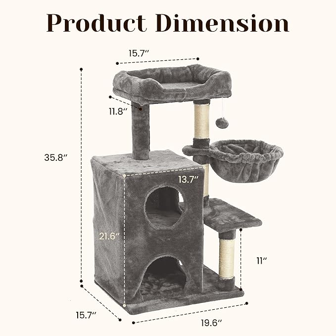 Multi-Level Cat Tree Tower for Large Cats with Scratching Posts, Condos, Perch, Hammocks & Toys, Cat Jungle Gym for Indoor Cats, Ideal for Multi-Cat Households, Gray