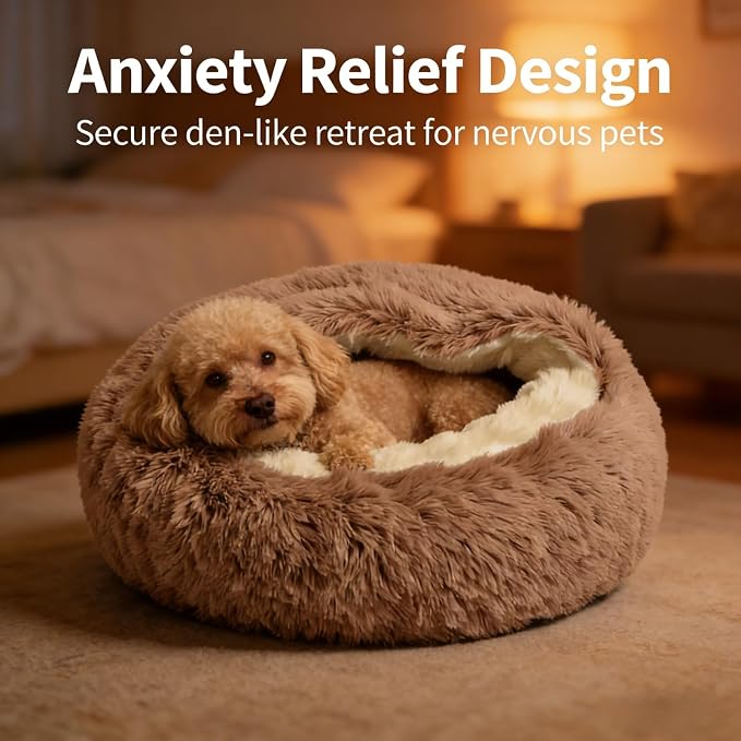 Hooded Donut Dog Bed with Cover, Calming Anti-Anxiety Dog Cave Bed for Small Medium Dogs, Plush Fluffy Burrowing Pet Bed with Waterproof Non-Slip Bottom (Brown,L-32”)