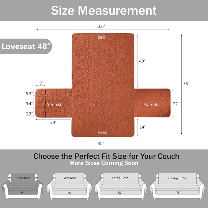 Orange Loveseat Covers for 2 Cushion Couch, Water-Repellent Covers for Love Seat, Washable Quilted Couch Covers, Pet Friendly Sofa Slipcovers (Loveseat 48", Burnt Orange)