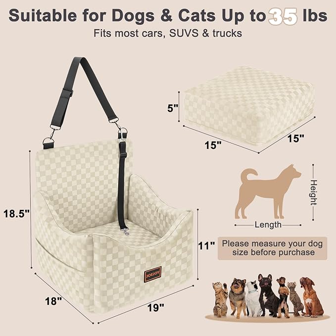 JOEJOY Elevated Dog Car Seat for Small/Medium Dogs up to 35 lbs, Memory Foam Booster Seat with Detachable Washable Cover, Travel-Safe Car Bed with Safety Belts & Storage Pockets, Beige