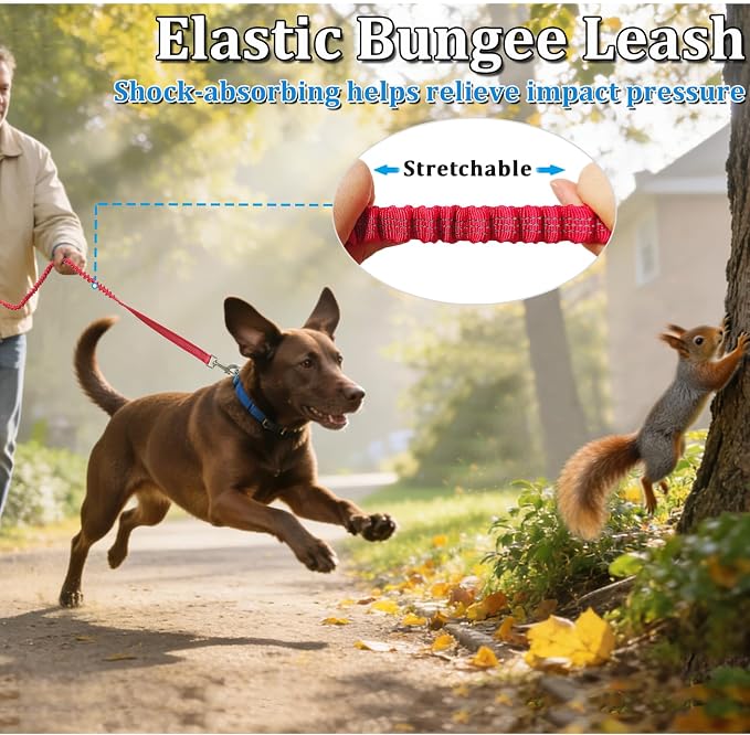 WYuZe 4FT Bungee Dog Leash for Strong Puppy Medium Dogs- Reflective, Shock Absorbing, Elastic Nylon Leash with Padded Handle for Safety Comfort No Pull Walking Training (Red, 3/4"-Wide)