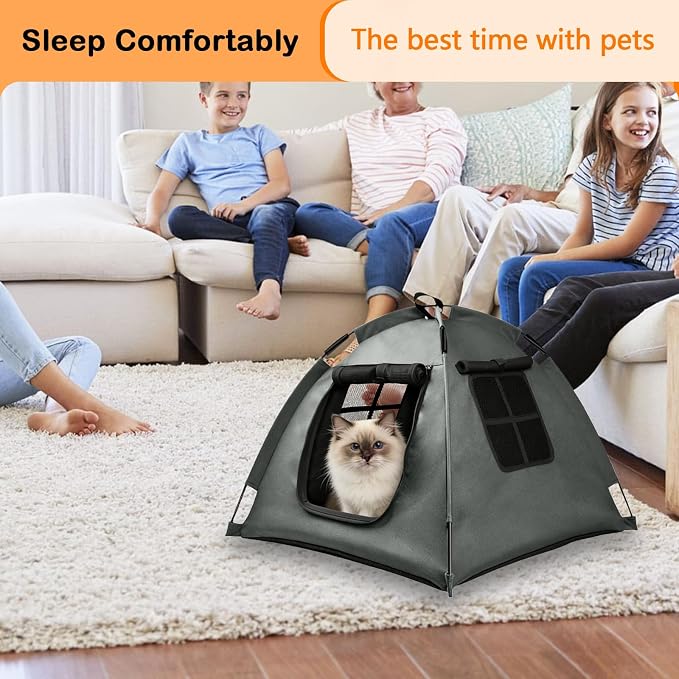 Portable Pet Tent, Full-Enclosure Zippered Mesh, Indoor & Outdoor | Easy-flex poles, tool-free. Tear-resistant. Anti-tip. 5+ colors. For cats, small dogs. 60x60x45cm, 390g