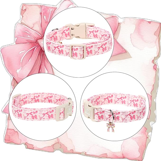 Pink Bow Dog Collar Cute Girl Dog Collars for Small Dogs - Lightweight Adjustable Girly Spring Female Dogs Everyday Collar with Safety Buckle S