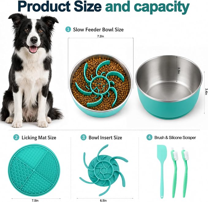 Slow Feeder Dog Bowls with Non-Slip Base for Large Dogs - Food Grade Stainless Steel Slow Feed Dog Bowl - Anti Gulp Metal Feeding Bowl Set with Lick Mat - Dishwasher Safe