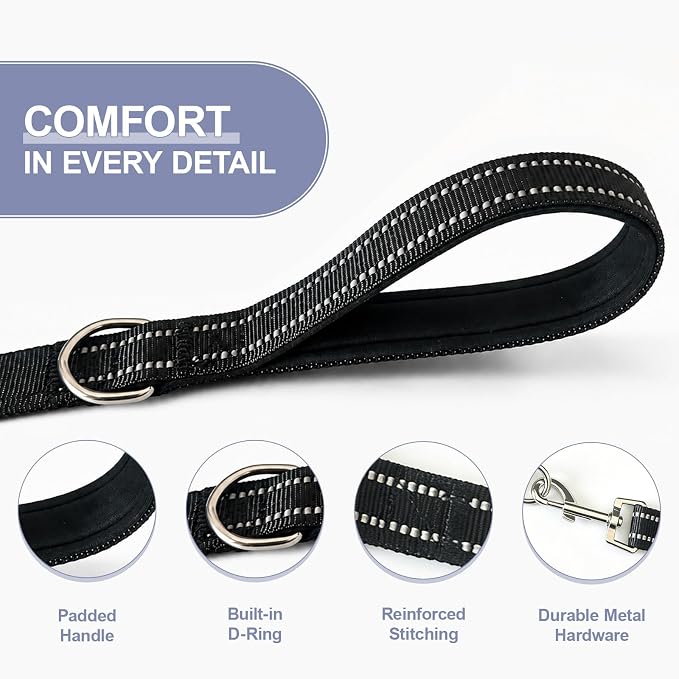 Double Dog Leash for Two Dogs, Complete Set with 31.5" Main Leash + Adjustable Splitter, Padded Handle, D-Ring, 360° Swivel, Shock-Absorbing Bungee, Reflective for Small Medium Large Dogs (Black)
