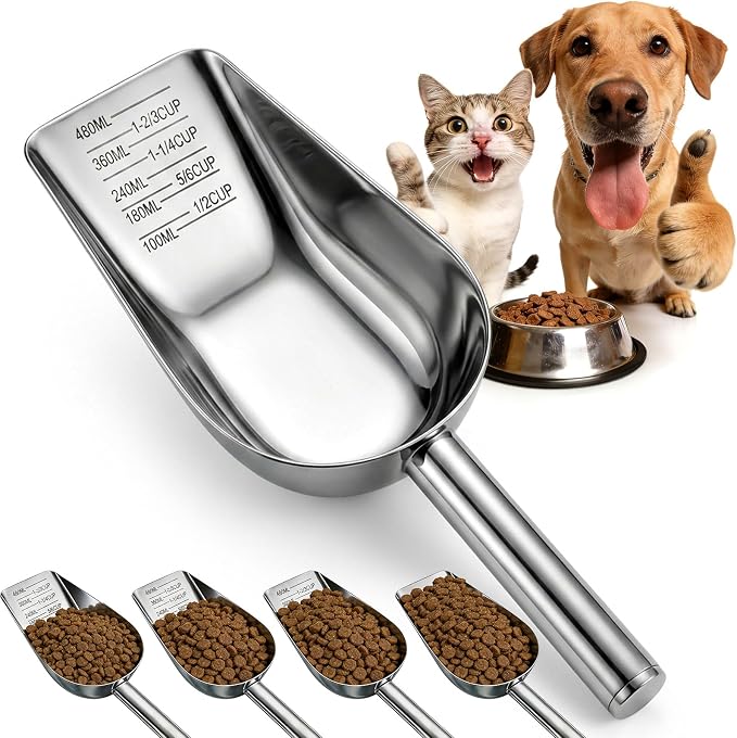 Mity rain Dog Food Scoop Stainless Steel with Long Handle, Precise Dog Food Measuring Cup 1.5, 1 1/4, 1, 3/4, 1/2 Cup, Pet Scoop for Cats, Rabbits, Animals, Metal Spoon for Dog Food Storage (2CUP)