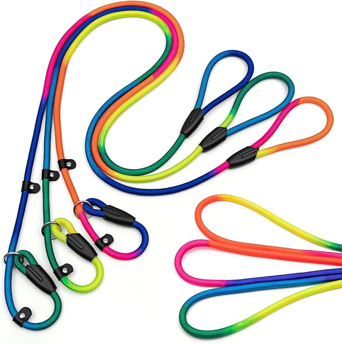 FOVRLZSE 3-Pack Adjustable Rainbow Dog Slip Leads Multi-Color, 5FT Reflective Nylon – No Collar Needed, No-Pull, Ideal for Small/Medium Dogs (Training/Walking)