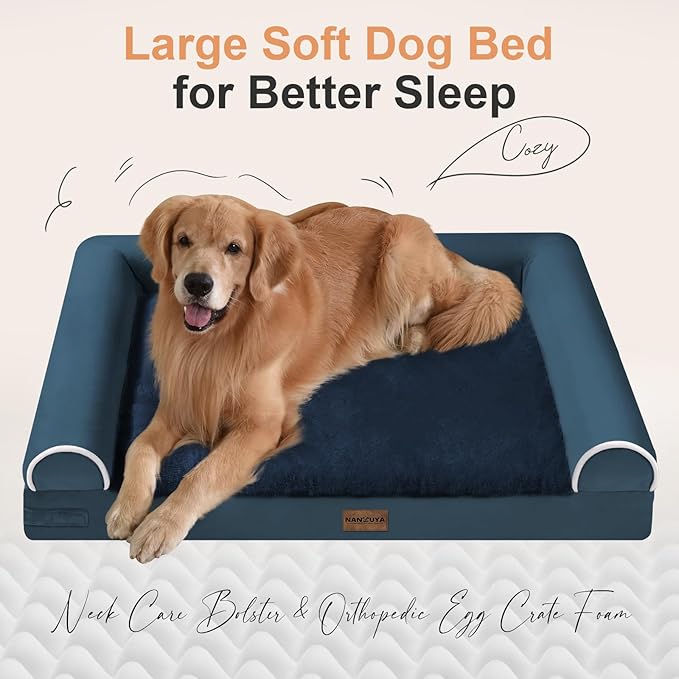 Large Dog Bed Orthopedic Washable: Beds Bolster XL Bed Big XLarge Dogs Memory Foam Sofa Couch Waterproof Removable Cover - Navy Blue