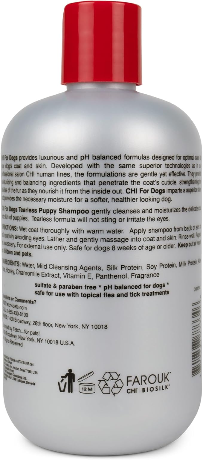 CHI for Dogs Tearless Puppy Shampoo with Silk Protein, Gentle Dog Wash for Young Coats, pH Balanced Sulfate and Paraben Free Formula, Puppies 8 Weeks+, Made in the USA, 16 Fl Oz