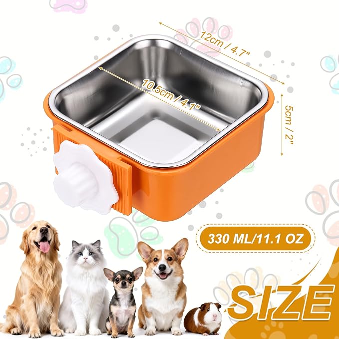 Crate Dog Bowl, Removable Stainless Steel Pet Cage Hanging Anti-Overturn Food Water Feeder Cage Cup (Square, Orange, 11.1oz), Intended for Puppies/Cat/Rabbit/Bird