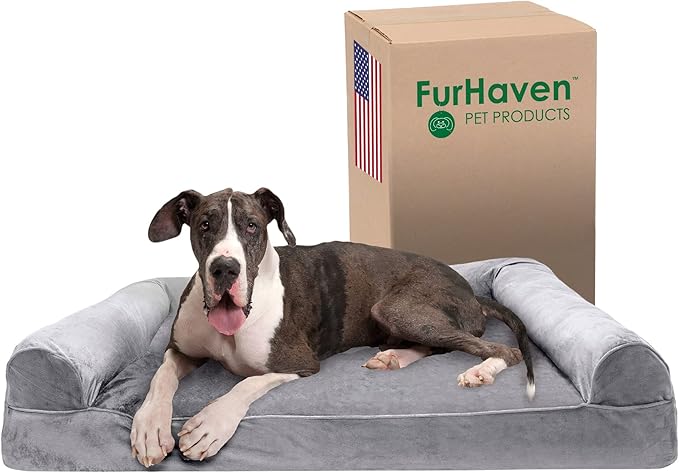 Furhaven Memory Foam Dog Bed for Large Dogs w/ Removable Bolsters & Washable Cover, For Dogs Up to 125 lbs - Faux Fur & Velvet Sofa - Smoke Gray, Jumbo Plus/XXL