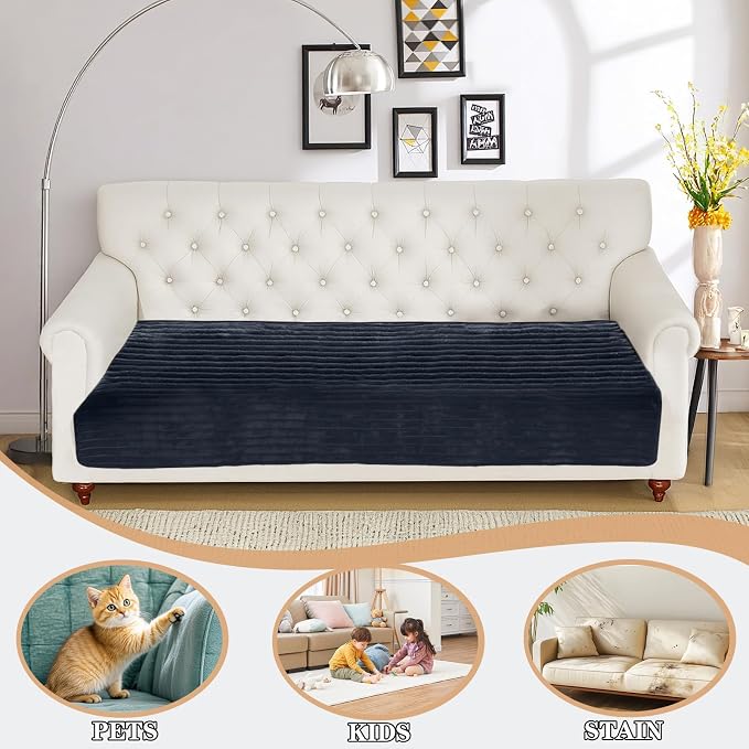 NAISI Couch Covers for Dogs Waterproof Flannel Striped Sofa Cover Pet Friendly Washable Dog Mat for Couch Anti Slip Sectional Sofa Slipcover Protector(1pc/35"x 63",Dark Navy)