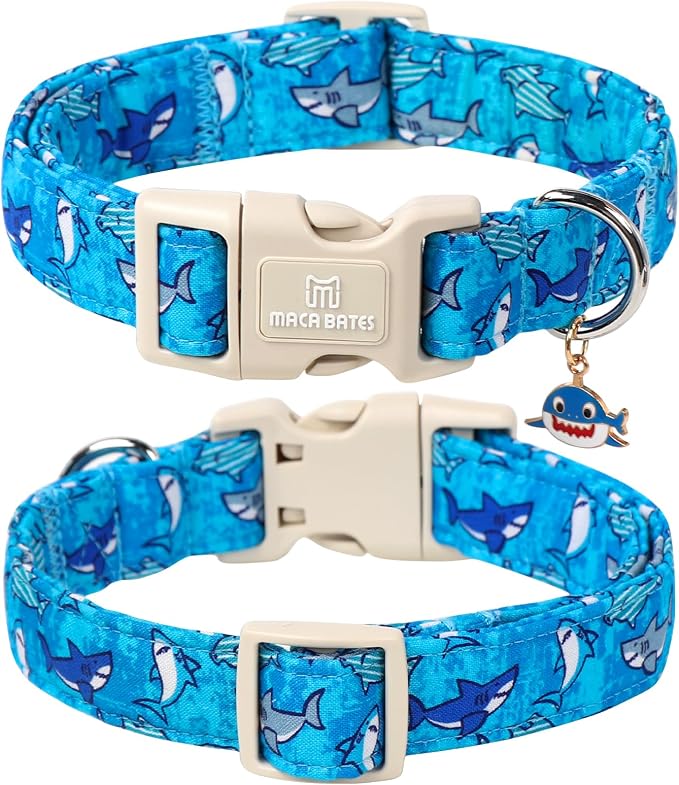 Maca Bates Summer Shark Basic Dog Collar Beach Puppy Collars for Extra Small Dogs Adjustable Durable Soft Comfortable Blue Sharks for Boy Girl Male Female Pet with White Safety Buckle