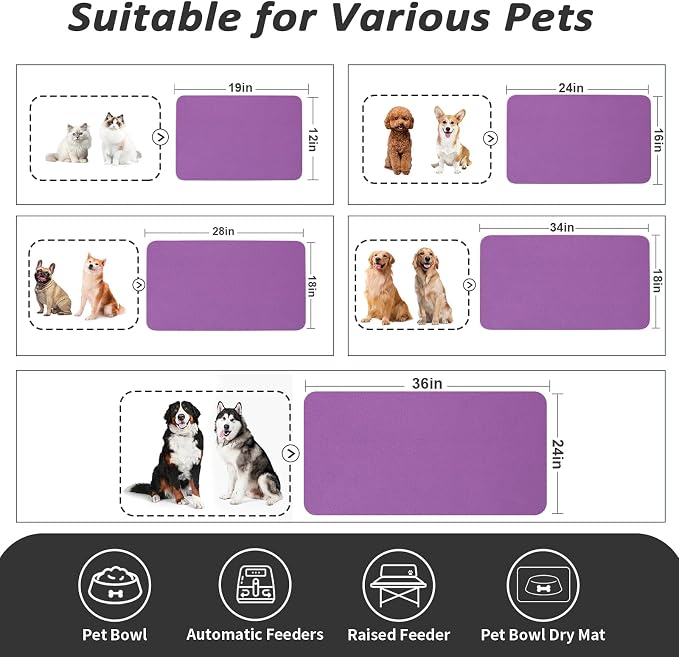 HotLive Dog Food Mat - Absorbent Cat Mat for Food and Water, No Stains Pet Feeding Bowl Mat, Easy to Clean Pet Placemats, Quick Dry Dog Water Dispenser Mat for Messy Drinkers | Purple 12"x 19"