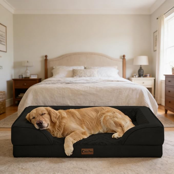 Orthopedic Dog Beds for Large Sized Dogs 36x27 Inch, Waterproof Egg Crate Foam Dog Sofa Bed with Removable Washable Cover Big Pet Couch with Bolster & Non-Slip Bottom, Black